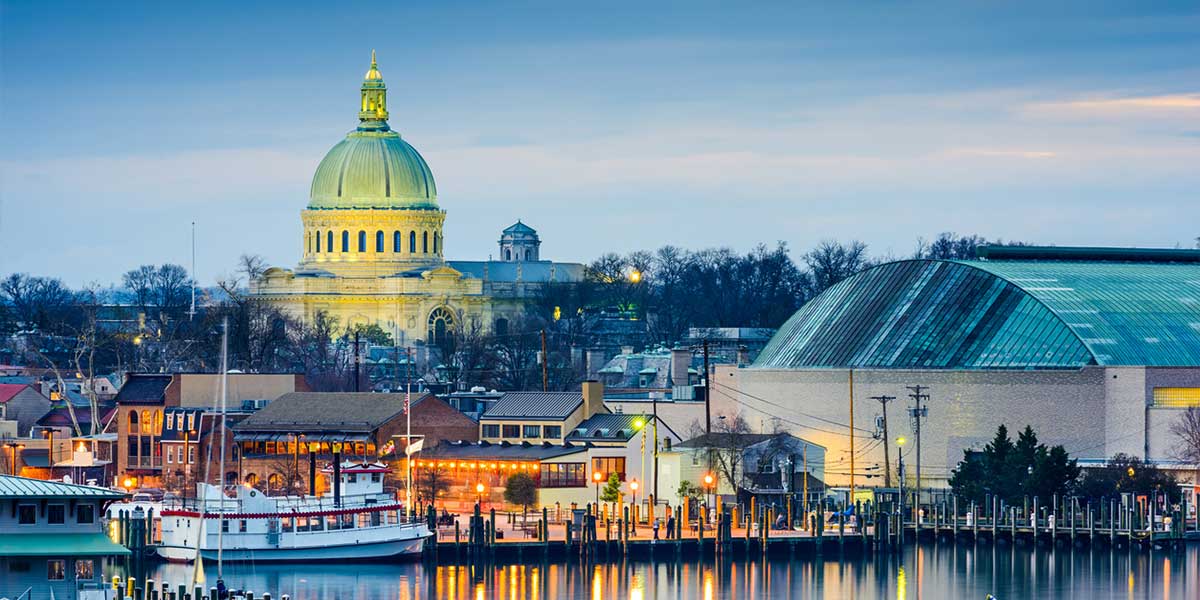 Chesapeake Bay with the United States Naval Academy Chapel dome - a scene you'll enjoy during your Annapolis Romantic Getaway
