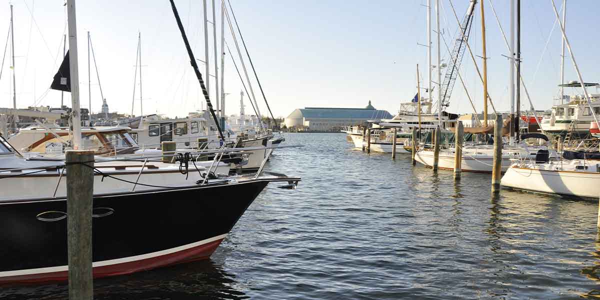 boats docked in the Chesapeake Bay harbor in Annapolis City Dock